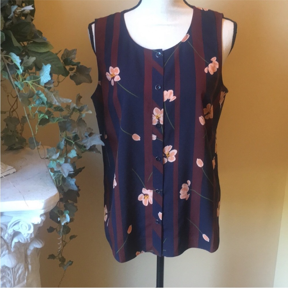 Sleeveless Navy Floral Stripe Button-Front Top